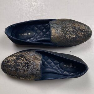 BIRDIES The Starling Navy Blue and Metallic Gold Smoking Loafers